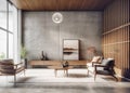 Minimalist loft style interior design of modern living room with wooden chairs and long cabinet. Created with generative AI
