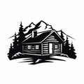 Minimalist Log Cabin Icon With Mountains And Trees
