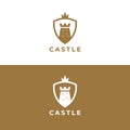 A minimalist logo design features a stylized castle tower within a shield shape. Royalty Free Stock Photo
