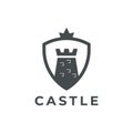 A minimalist logo design featuring a stylized castle tower within a shield Royalty Free Stock Photo