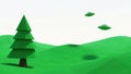 Low poly landscape with a lone pine tree and two flying saucers Royalty Free Stock Photo