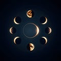 Minimalist lunar cycle diagram featuring crescent and full moon phases arranged in circular pattern on dark space background Royalty Free Stock Photo