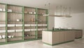 Minimalist luxury expensive green and wooden kitchen, island, sink and gas hob, open space, marble ceramic floor, modern interior