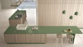 Minimalist luxury expensive green and wooden kitchen, island, sink and gas hob, open space, marble ceramic floor, modern interior