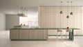 Minimalist luxury expensive green and wooden kitchen, island, sink and gas hob, open space, panoramic window, marble ceramic floor