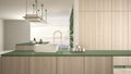 Minimalist luxury expensive green and wooden kitchen, island, sink and gas hob, open space, panoramic window, marble ceramic floor