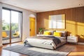 Minimalist luxury modern bed room design, morning light, modern interior concept Royalty Free Stock Photo