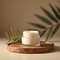 Natural Harmony A Serene Skincare Cream Jar on Wooden Surface Royalty Free Stock Photo