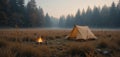 Minimalist Meadow Camp A Clean and Simple Autumn Camping Scene of Basic Tent and Subtle Campfire Glow in a Forest Meadow Royalty Free Stock Photo
