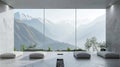 Minimalist meditation room with mountain view and large windows Royalty Free Stock Photo