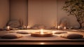 a minimalist meditation space with candles as the focal point. a serene area where one can unwind and find inner peace