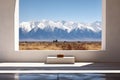 minimalist meditation space with snowy peaks in background
