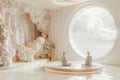 Minimalist meditation space with two figures sitting by a large circular window overlooking a moonlit ocean, ideal for