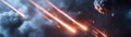 Minimalist meteor trails create dynamic lines across a vast deep-space background, while fading light offers