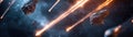 Minimalist meteor trails illuminate a deep-space backdrop, with soft fading light marking the path of each meteor. A