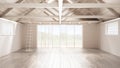 Minimalist mezzanine loft, empty industrial space, wooden roofing and parquet floor, scandinavian classic interior design with ga