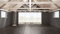Minimalist mezzanine loft, empty industrial space, wooden roofing and parquet floor, scandinavian classic interior design with ga