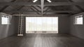 Minimalist mezzanine loft, empty industrial space, wooden roofing and parquet floor, scandinavian classic interior design with ga