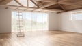 Minimalist mezzanine loft, empty industrial space, wooden roofing and parquet floor, scandinavian classic interior design with ga