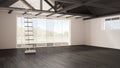 Minimalist mezzanine loft, empty industrial space, wooden roofing and parquet floor, scandinavian classic interior design with ga