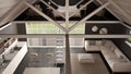 Minimalist mezzanine loft, kitchen, living and bedroom, wooden r