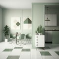 Minimalist mid-century interior with white and green decor, light and airy, open plan living room with kitchen, AI generative