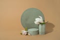 minimalist mockup with concrete shapes and magnolia blooming