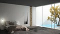 Minimalist modern bedroom with big window showing garden and swimming pool, white and gray interior design Royalty Free Stock Photo