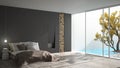 Minimalist modern bedroom with big window showing garden and swimming pool, white and gray interior design Royalty Free Stock Photo