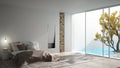 Minimalist modern bedroom with big window showing garden and swimming pool, white interior design Royalty Free Stock Photo
