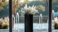 A minimalist and modern black podium accented with whimsical white details adds an understated elegance to any event. .