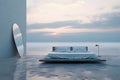 Minimalist modern clean bedroom with views to the sea