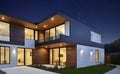 Minimalist modern house with flat roof and strict structured garden at night with starry sky, made with generative AI