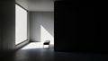 Minimalist Modern Interior with Large Window Casting Dramatic Sunlight Shadows on a Concrete Floor and Bench Royalty Free Stock Photo