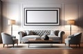 Minimalist modern interior with sofa, armchairs, table and floor lamp. An empty photo frame hangs on wall. In white and