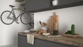 Minimalist modern kitchen close up with healthy breakfast, contemporary white and gray interior