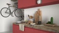 Minimalist modern kitchen close up with healthy breakfast, contemporary white and red interior