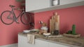 Minimalist modern kitchen close up with healthy breakfast, contemporary white and red interior