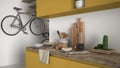 Minimalist modern kitchen close up with healthy breakfast, contemporary white and yellow interior