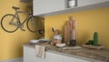 Minimalist modern kitchen close up with healthy breakfast, contemporary white and yellow interior