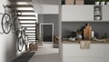 Minimalist modern kitchen with healthy breakfast, living room and wooden staircase, contemporary white and gray interior