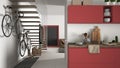 Minimalist modern kitchen with healthy breakfast, living room and wooden staircase, contemporary white and red interior
