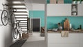 Minimalist modern kitchen with healthy breakfast, living room and wooden staircase, contemporary white and turquoise interior