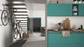 Minimalist modern kitchen with healthy breakfast, living room and wooden staircase, contemporary white and turquoise interior