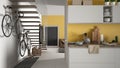 Minimalist modern kitchen with healthy breakfast, living room and wooden staircase, contemporary white and yellow interior