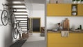 Minimalist modern kitchen with healthy breakfast, living room and wooden staircase, contemporary white and yellow interior