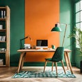 minimalist modern room interior with pale green and orange colors