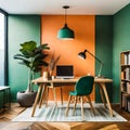 minimalist modern room interior with pale green and orange colors