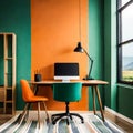 minimalist modern room interior with pale green and orange colors