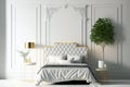 Minimalist modern white bedroom. Cozy white and grey room minimal concept, bed with a lot of pillows, white walls and green plants Royalty Free Stock Photo